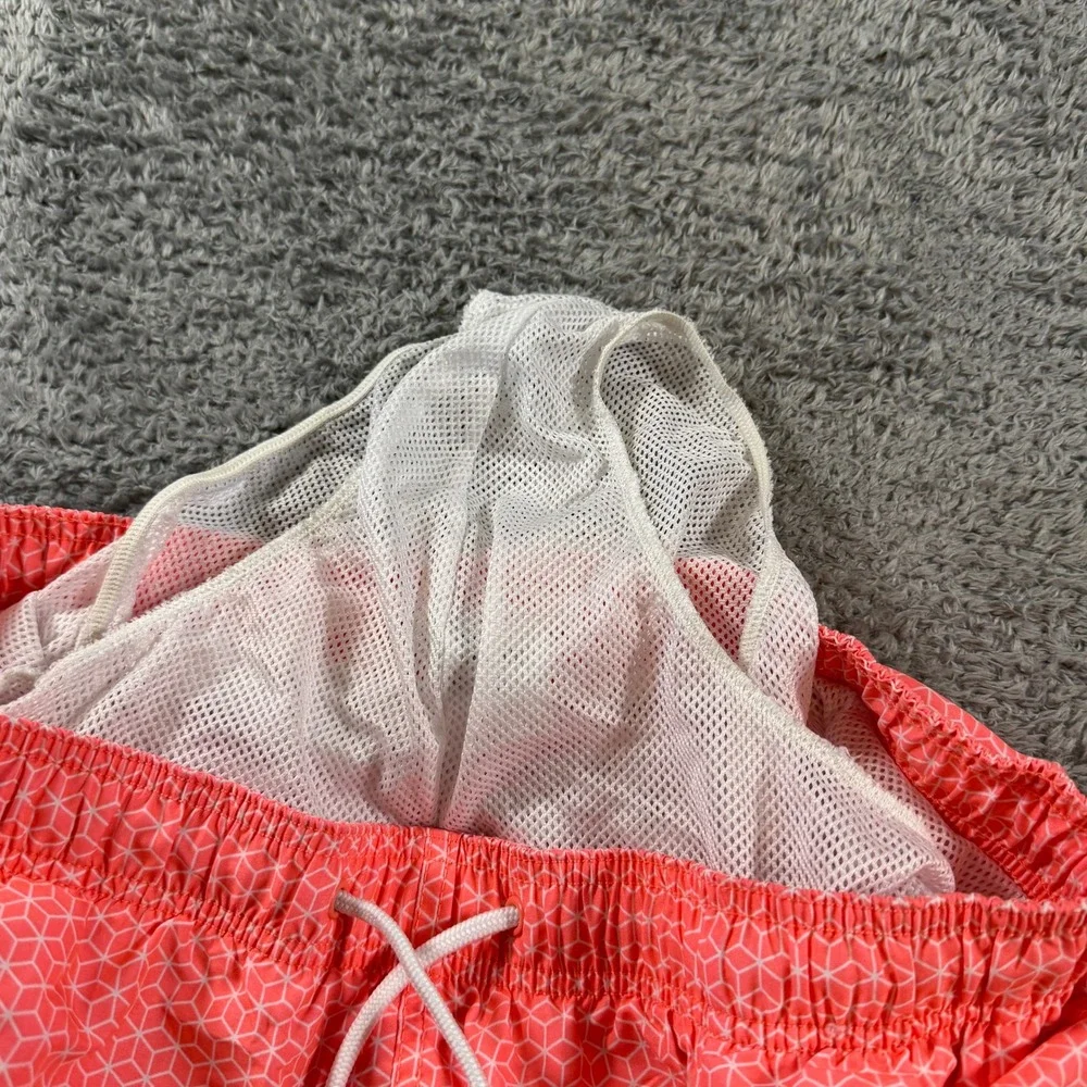 HM Mens Swim Trunks Large Coral Pink Geometric Honeycomb Mesh Lined Drawstring